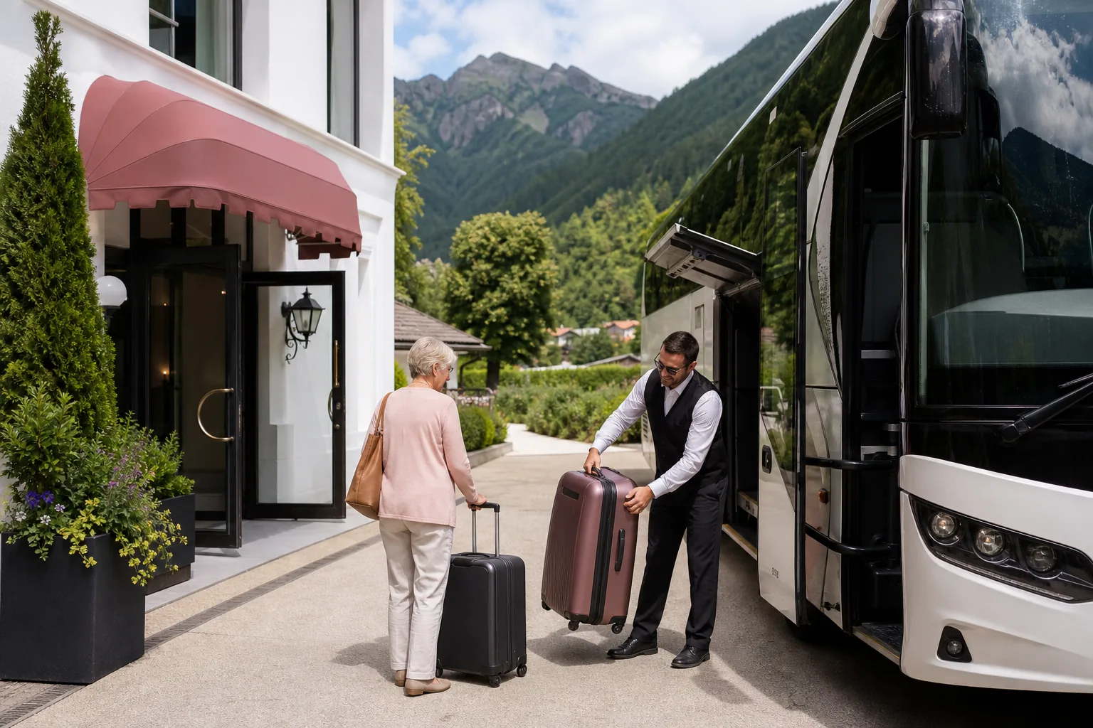Coach driver unloading luggage on a level drop-off directly in front of an alpine hotel entrance for an arriving senior group