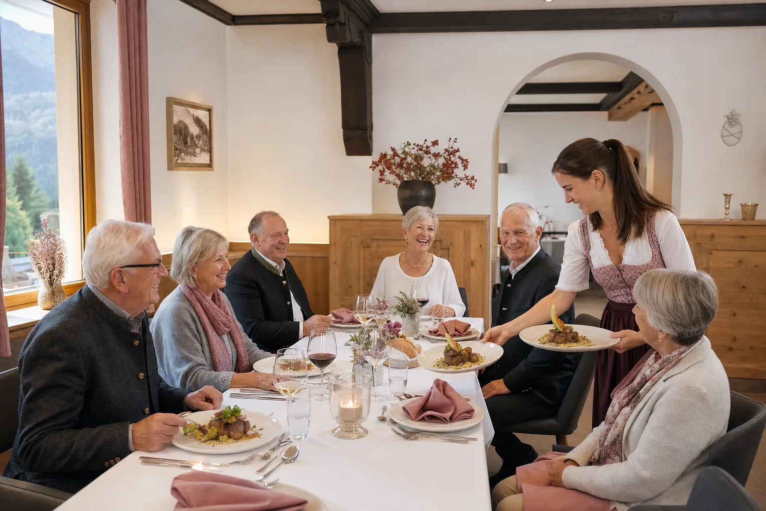 Senior touring group seated together at a long dining table being served a traditional Tyrolean half-board meal